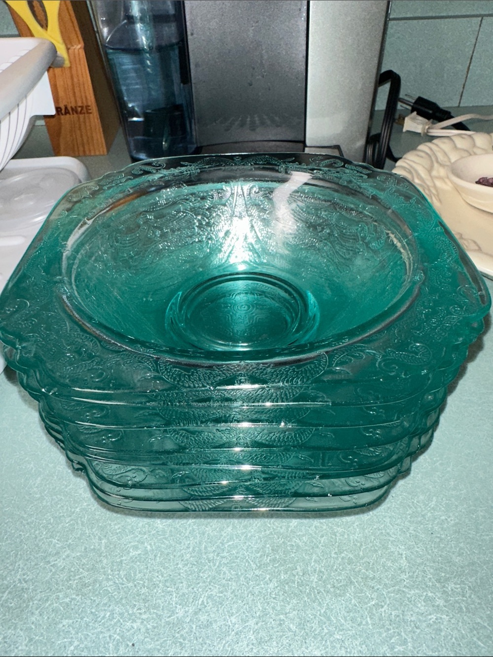Green Embossed Glass Serving Bowls - Home Dining Depression Glass